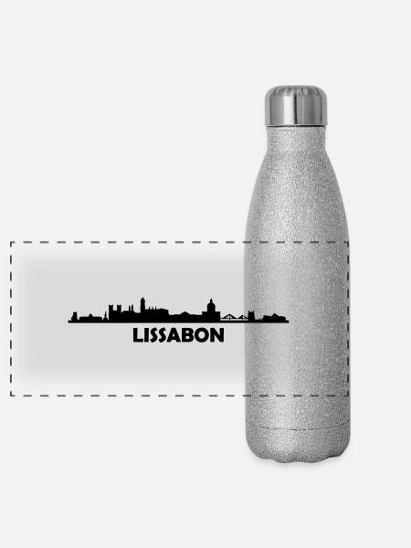 Skyline Lissabon Text - Panorama Glitzer Isolierflasche 500 ml - Silber Glitzer - Vorne