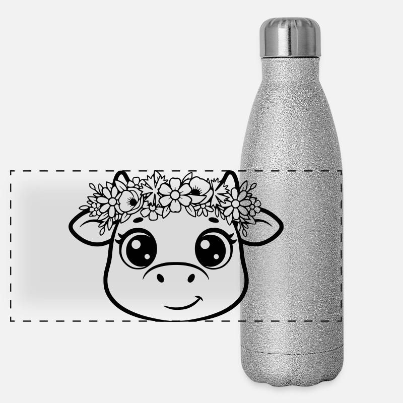 Süße Kuh Blumenkranz Boho Outline Panorama Glitzer Isolierflasche 500 ml