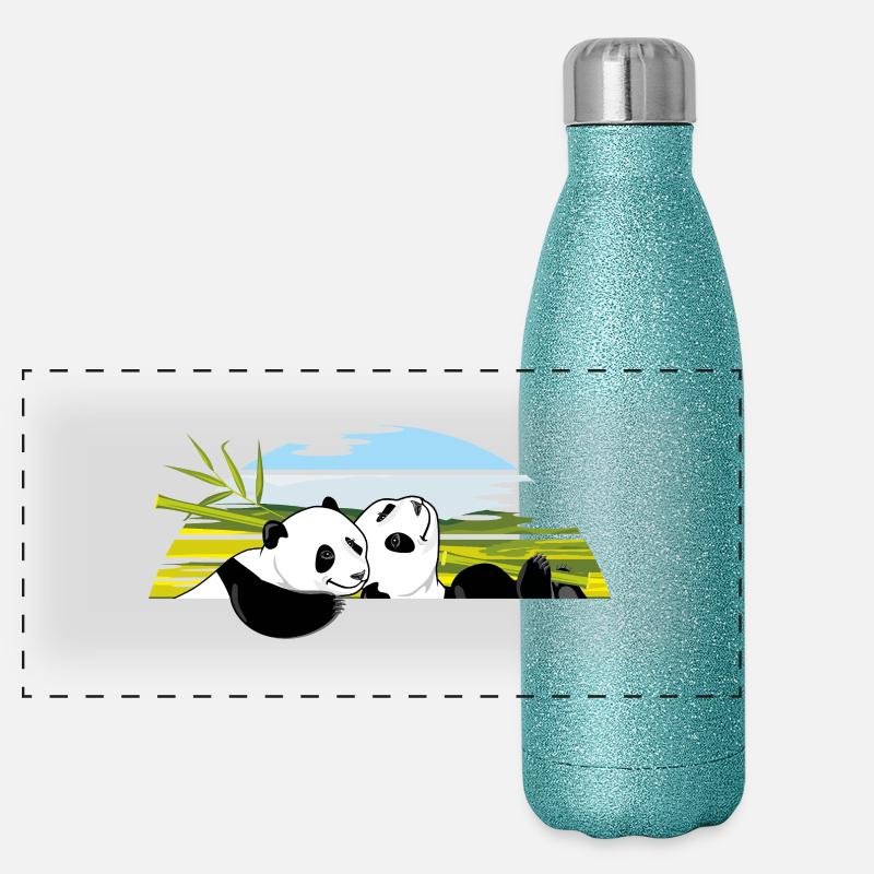 Zwei glückliche Panda-Junge mit einem Bambusast Panorama Glitzer Isolierflasche 500 ml