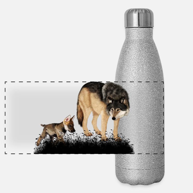 Loup renversant avec l’ourson dans les bois Gourde isotherme panoramique pailletée 500 ml