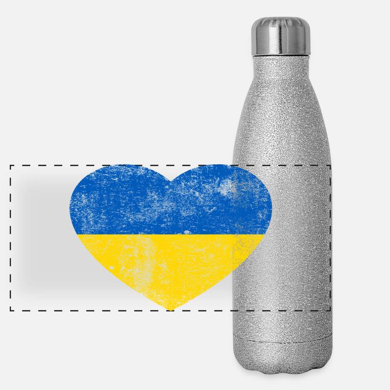 Drapeau de l’Ukraine Drapeau Grunge Retro Heart Gourde isotherme panoramique pailletée 500 ml