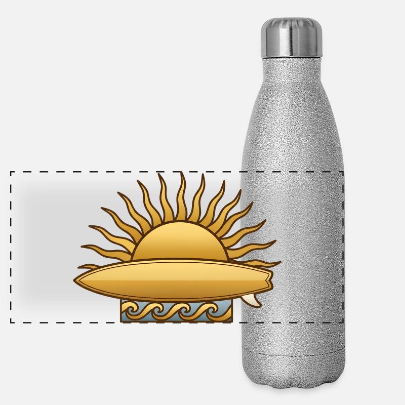 Soleil doré avec planche de surf et surfeur des vagues de mer Gourde isotherme panoramique pailletée 500 ml