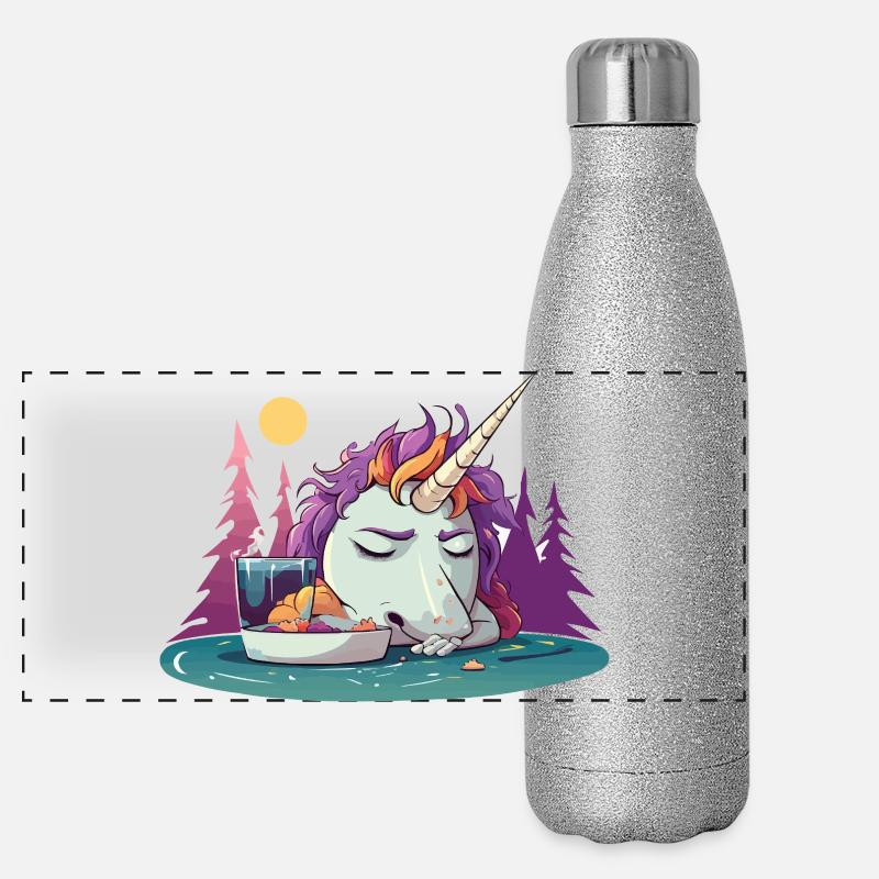 Verschlafenes Einhorn am Teich Panorama Glitzer Isolierflasche 500 ml
