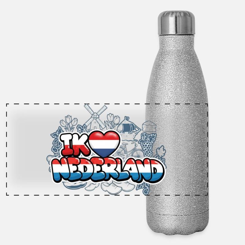I Love Netherlands with flag - Panoramic Glitter Thermal Bottle 500 ml - silver glitter