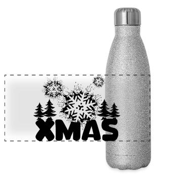 XMAS Design mit Schneeflocken und Tannen - Panorama Glitzer Isolierflasche 500 ml - Silber Glitzer - Vorne