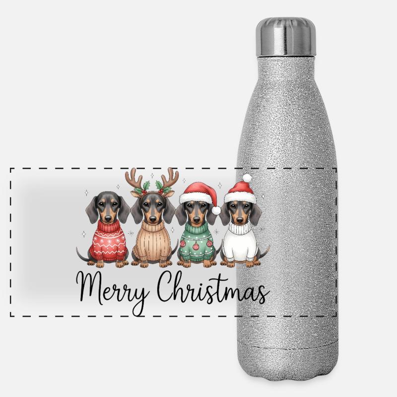 Vier Dackel, Dachshunde in Weihnachtspullover Panorama Glitzer Isolierflasche 500 ml