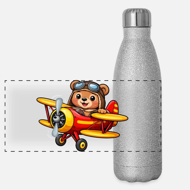 Pilot Geschenk Shirt – Süßer Bär im Flugzeug Panorama Glitzer Isolierflasche 500 ml