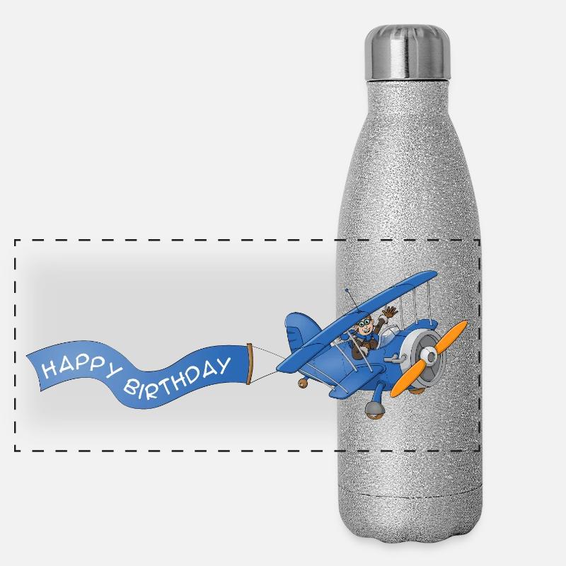 Airplane with happy birthday banner - Panoramic Glitter Thermal Bottle 500 ml - silver glitter