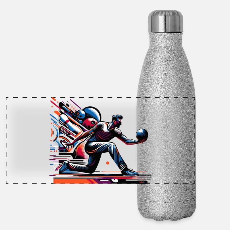 Dynamischer, farbenfroher Bowler in Aktion Panorama Glitzer Isolierflasche 500 ml