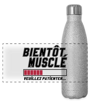 Bientôt musclé veuillez patienter,message,muscu - Gourde isotherme panoramique pailletée 500 ml - paillettes argentées - Devant
