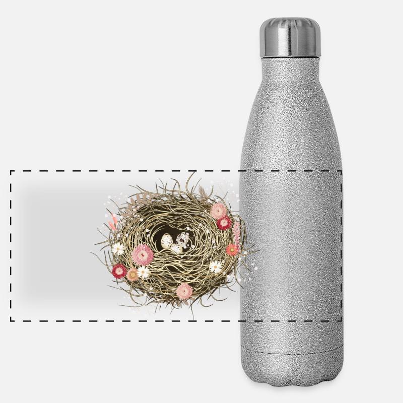 Nid d’oiseau ou panier de Pâques avec des fleurs séchées Gourde isotherme panoramique pailletée 500 ml