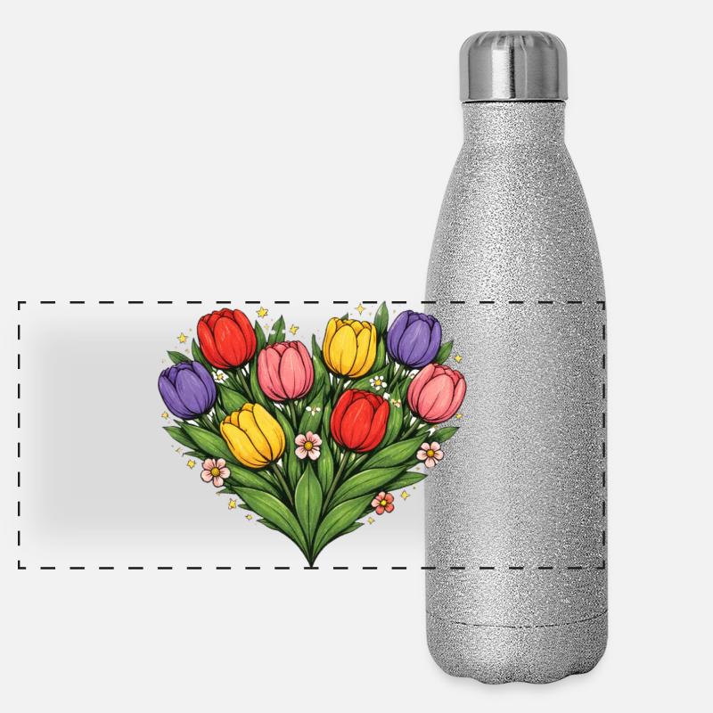 Bouquet de cœurs en tulipe arc-en-ciel Gourde isotherme panoramique pailletée 500 ml