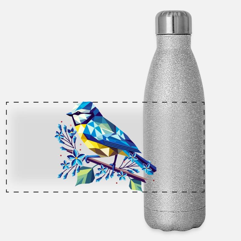 Charming blue on a lilac branch Panoramic Glitter Thermal Bottle 500 ml