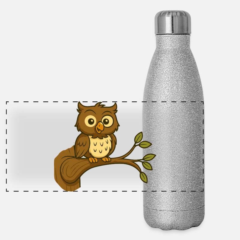 Niedliche WaldEule auf Ast Panorama Glitzer Isolierflasche 500 ml