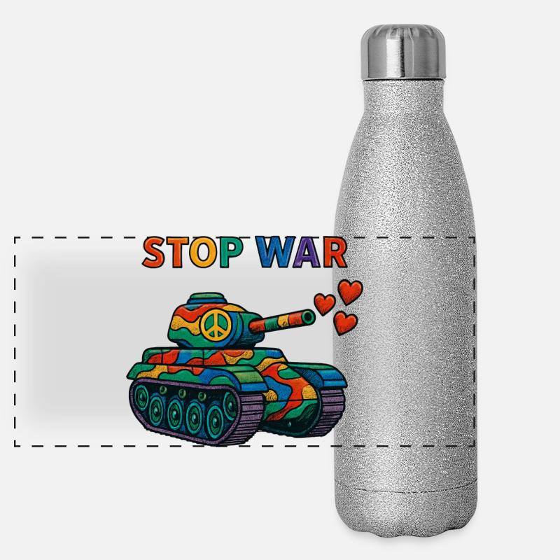 Regenbogen Panzer mit Peace-Zeichen – STOP WAR Panorama Glitzer Isolierflasche 500 ml
