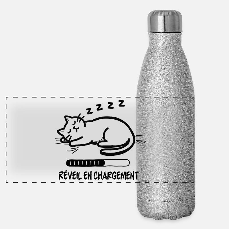 Sleeping cat, alarm clock charging - Panoramic Glitter Thermal Bottle 500 ml - silver glitter