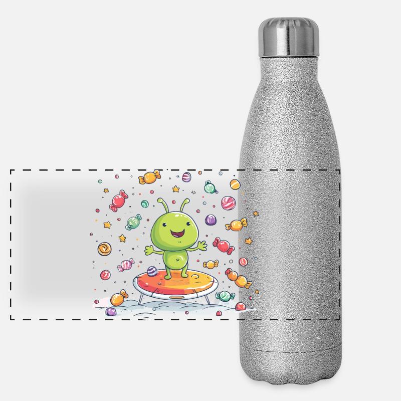 Petit extraterrestre vert sur un trampoline Gourde isotherme panoramique pailletée 500 ml
