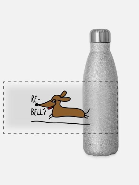 Dackel als Rebell - Panorama Glitzer Isolierflasche 500 ml - Silber Glitzer - Vorne