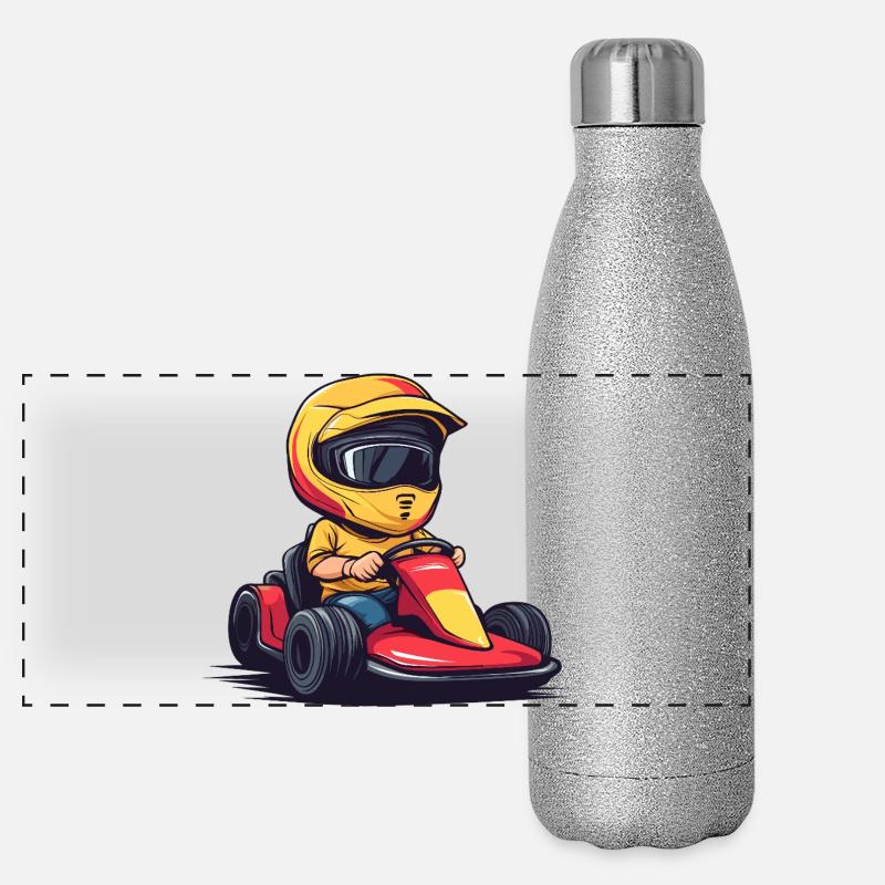 Petit pilote de course avec casque et kart Gourde isotherme panoramique pailletée 500 ml