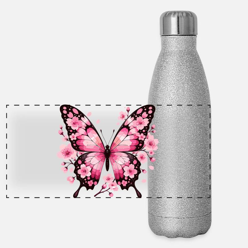 Papillon aux ailes de fleurs roses Gourde isotherme panoramique pailletée 500 ml