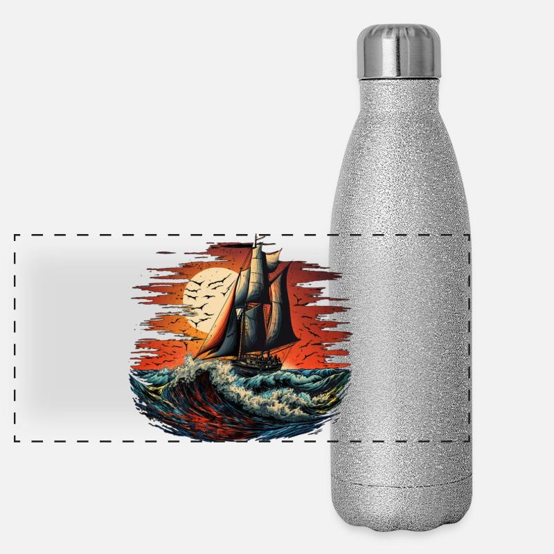 Sailing ship at full speed - Panoramic Glitter Thermal Bottle 500 ml - silver glitter
