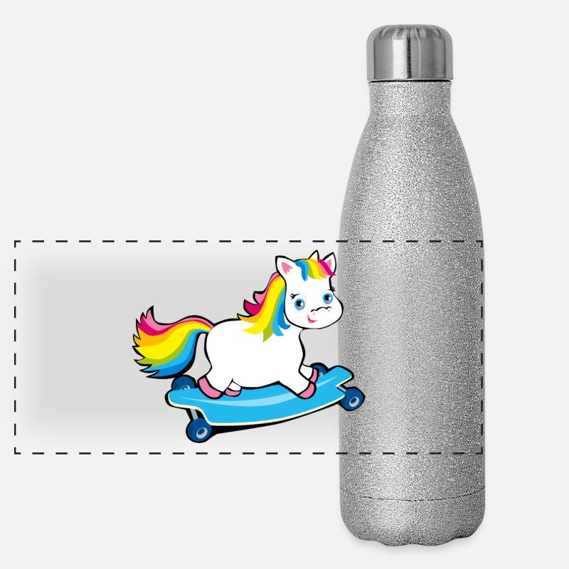 Einhorn Pummel Longboard in Regenbogenfarben Panorama Glitzer Isolierflasche 500 ml