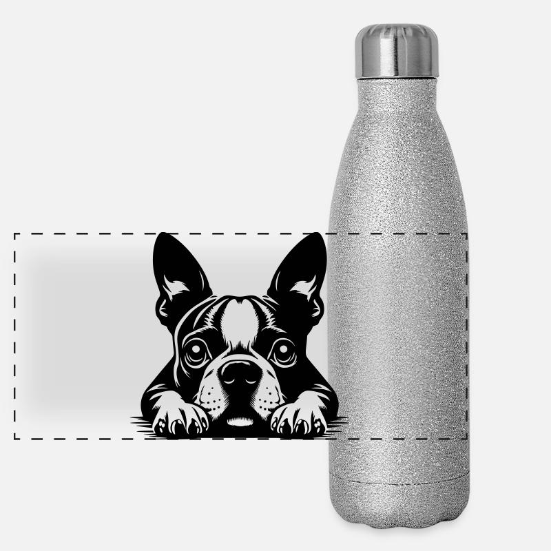 Boston Terrier Kopf mit Pfoten Panorama Glitzer Isolierflasche 500 ml