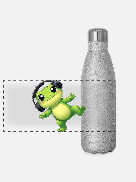 Süßer Frosch Kröte Unke mit Kopfhörern Tanzen Tech - Panorama Glitzer Isolierflasche 500 ml - Silber Glitzer - Vorne
