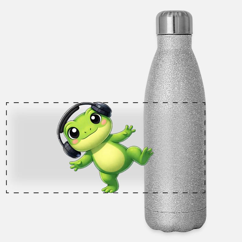 Crapaud grenouille mignon avec une technologie de danse casque Gourde isotherme panoramique pailletée 500 ml