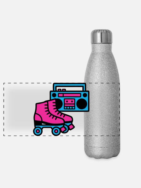 Rollschuhe Boombox 80er Retro - Panorama Glitzer Isolierflasche 500 ml - Silber Glitzer - Vorne