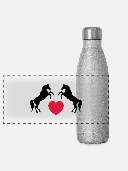 Two wild horses with heart - this design lets you - Panoramic Glitter Thermal Bottle 500 ml - silver glitter - Front