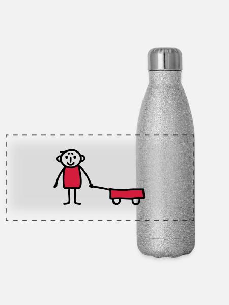 Junge mit Bollerwagen - V2 - Panorama Glitzer Isolierflasche 500 ml - Silber Glitzer