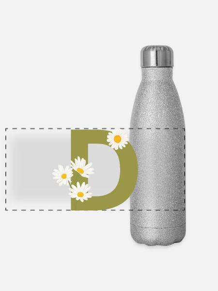 Buchstabe d Grüne Gänseblümchen - Panorama Glitzer Isolierflasche 500 ml - Silber Glitzer