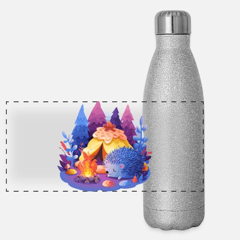 Schlafender Igel am Lagerfeuer Panorama Glitzer Isolierflasche 500 ml