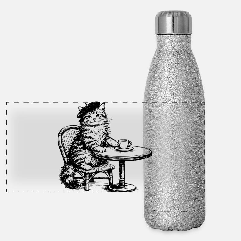 Cat with beret in café retro design Panoramic Glitter Thermal Bottle 500 ml