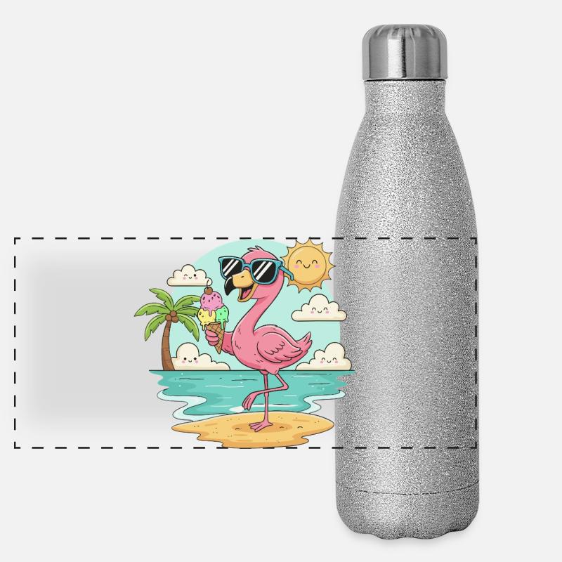 Flamingo am Strand mit Eis & Sonne Panorama Glitzer Isolierflasche 500 ml