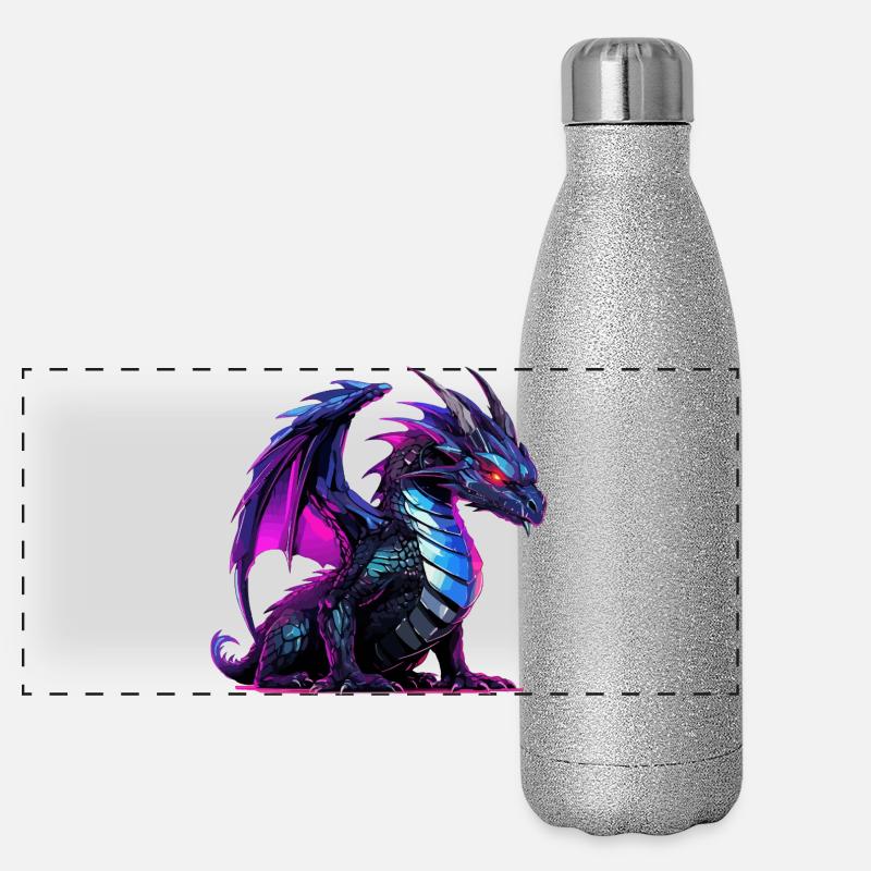 Illustration de dragon néon sur noir Gourde isotherme panoramique pailletée 500 ml