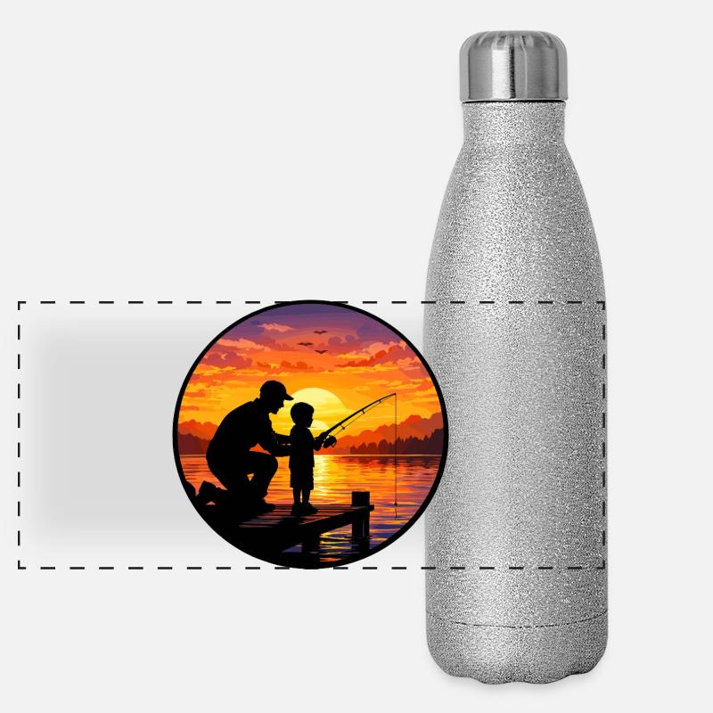 Pêche au coucher de soleil avec papa et enfant Gourde isotherme panoramique pailletée 500 ml