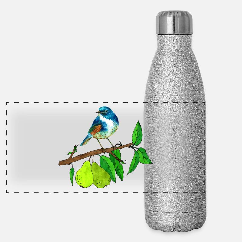 Oiseau bleu et poire Gourde isotherme panoramique pailletée 500 ml