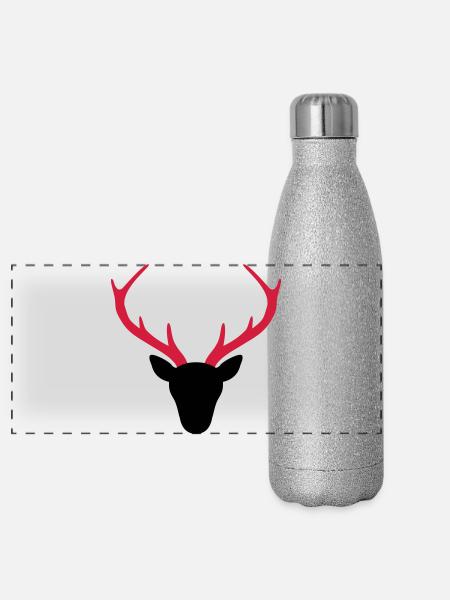 Hirsch Geweih Jäger Geschenk - Panorama Glitzer Isolierflasche 500 ml - Silber Glitzer - Vorne