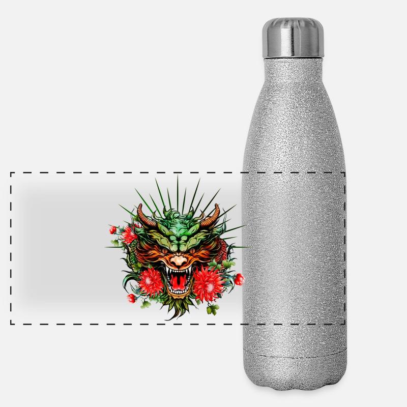 Merveilleuse tête de dragon colorée avec des fleurs. Gourde isotherme panoramique pailletée 500 ml