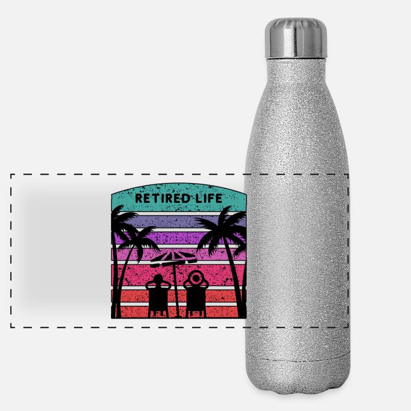 Vie de retraité avec plage et palmiers. Gourde isotherme panoramique pailletée 500 ml