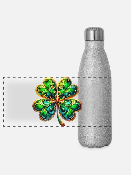 Vierblättriges Kleeblatt - Panorama Glitzer Isolierflasche 500 ml - Silber Glitzer