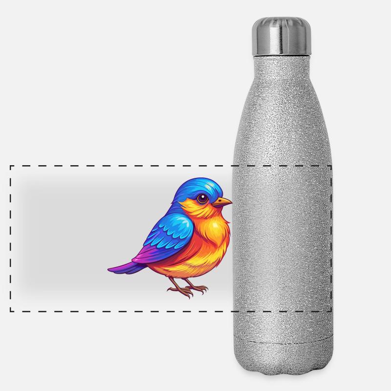 Oiseau bleu de l’Est Oiseau de dessin animé kawaii coloré Gourde isotherme panoramique pailletée 500 ml