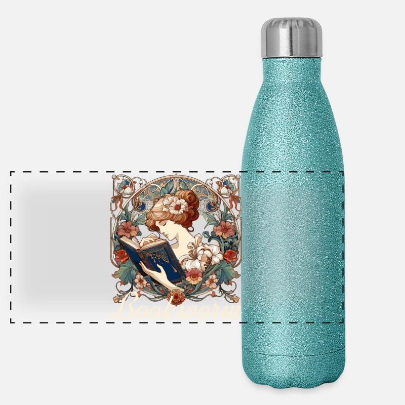 Bookworm Woman Reading Browsing Gift Panoramic Glitter Thermal Bottle 500 ml