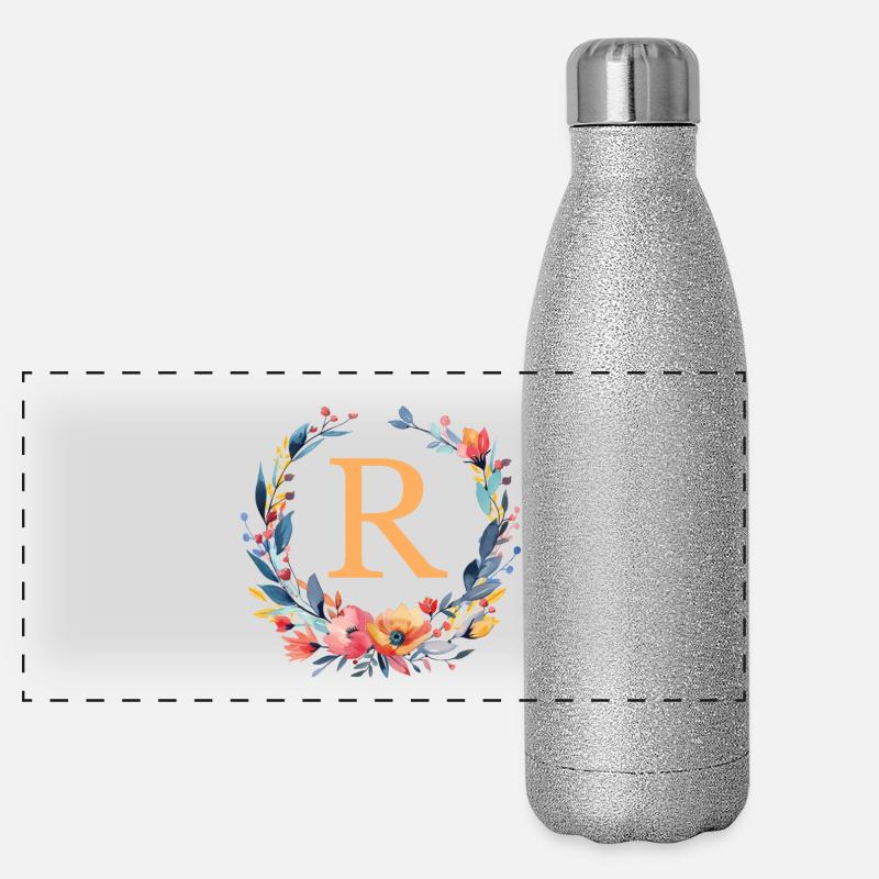 R Monogramm, Blumen-Kranz, personalisierbar Panorama Glitzer Isolierflasche 500 ml