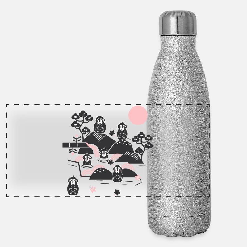 Singes effrayants dans une source chaude l noir rose - Gourde isotherme panoramique pailletée 500 ml - paillettes argentées