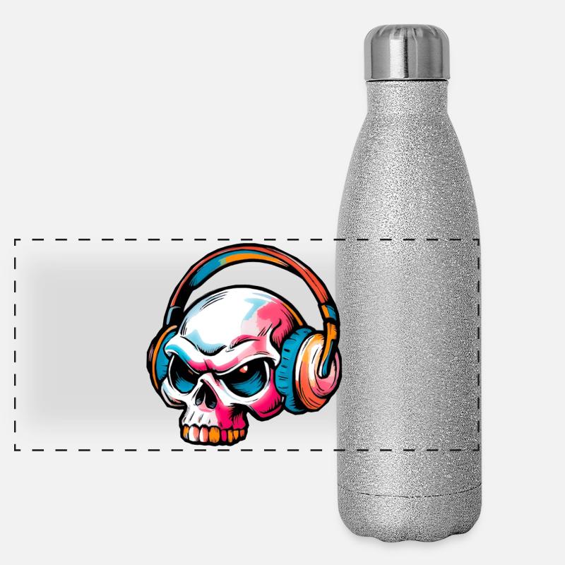 Colored Skull Illustration - Panoramic Glitter Thermal Bottle 500 ml - silver glitter