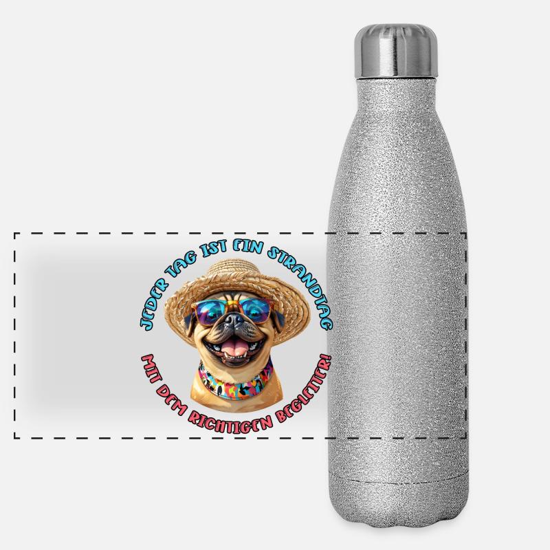 Mops: Jeder Tag am Strand Panorama Glitzer Isolierflasche 500 ml