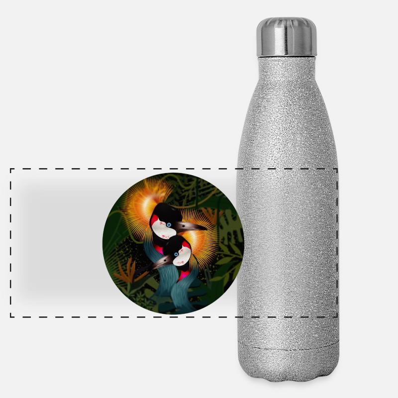 Two ornate crowned cranes in harmony Panoramic Glitter Thermal Bottle 500 ml